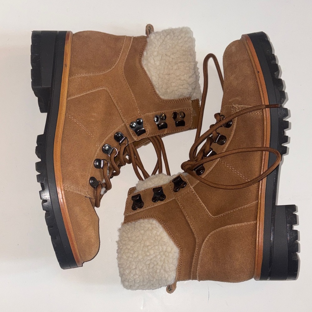 Marc Fisher Tan Suede Leather Lace-Up Sherpa Cuff Boots Women’s size 10 M